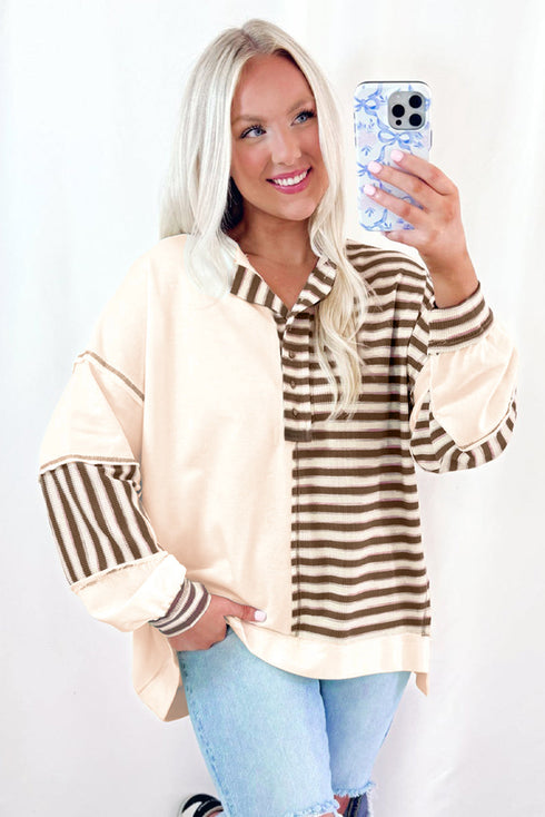 Colorblock Striped Patchwork Henley Pullover Top Exposed-Seam Drop-Shoulder